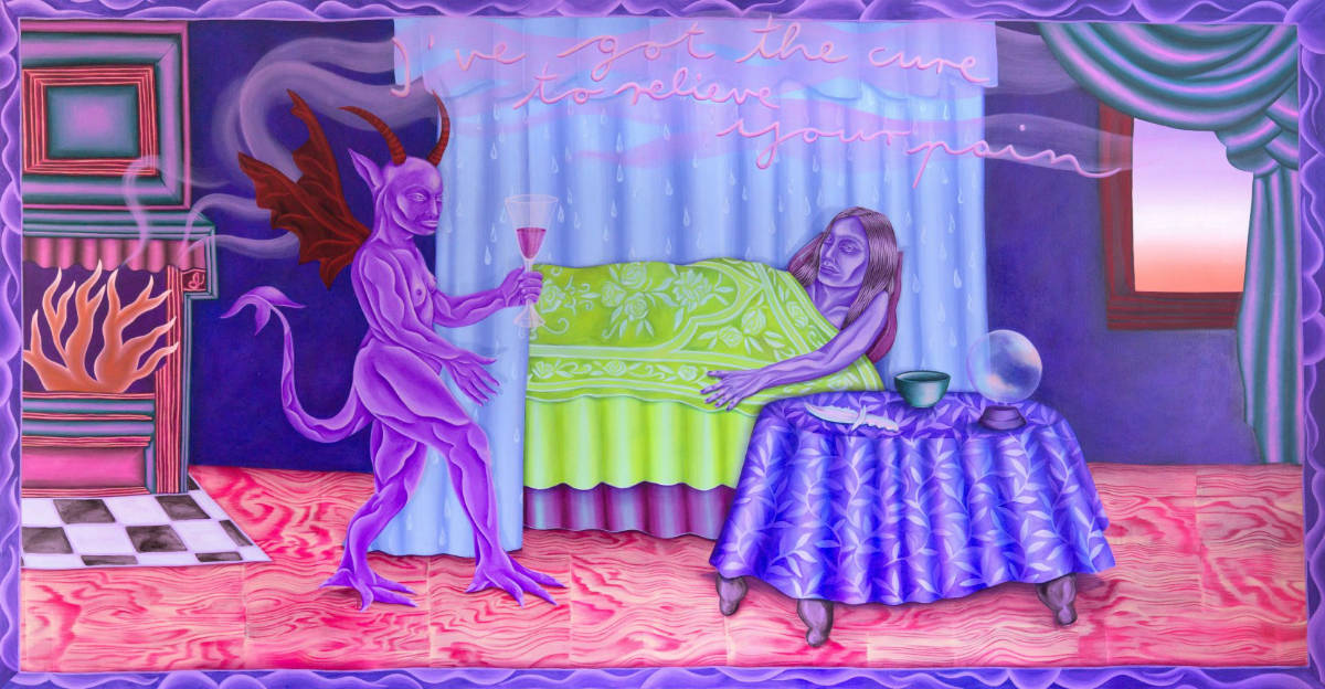 ein Gemälde mit einer lila-farbenen Teufelsgestalt, die einer im Himmelbett liegenden Person ein Glas mit einer roten Flüssigkeit reicht 