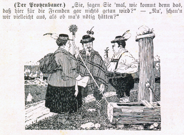 Karikatur von drei Personen in bayerischen Gewändern an einem Brunnen