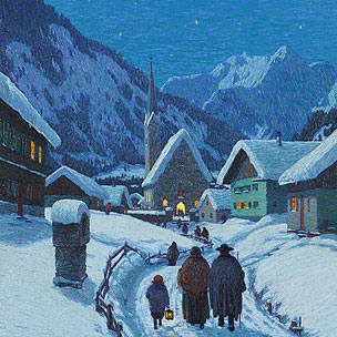 Gemälde mit nächtlicher, verschneiter Dorflandschaft