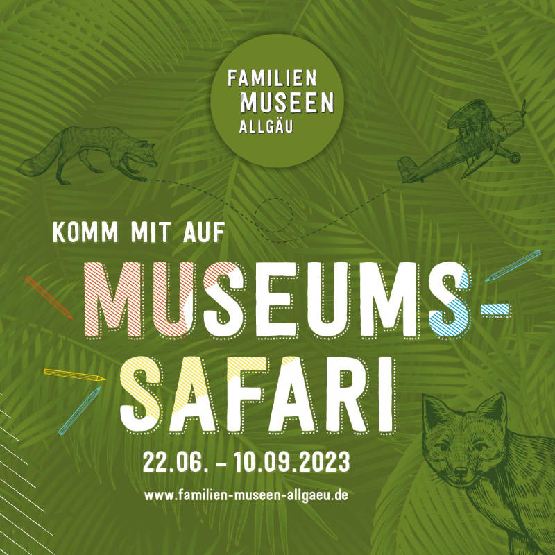 Illustration eines Fuchses in einem angedeuteter Dschungelathmosphäre mit dem Schriftzug Museums-Safari