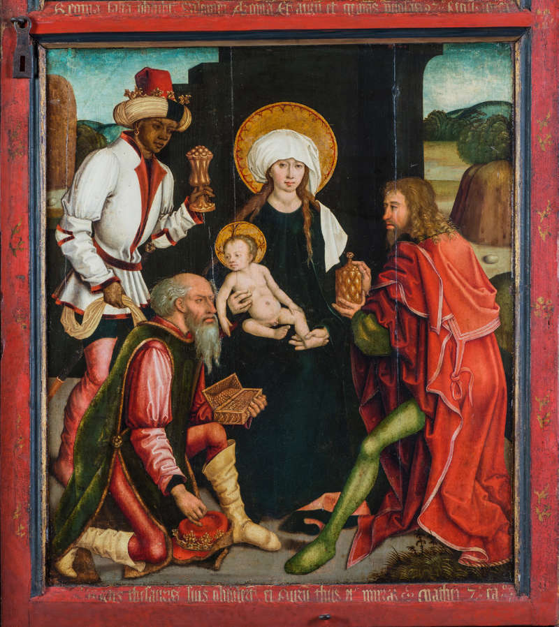 Ausschnitt aus der Maleei des Dreikönigsaltars von Bernhard Strigel mit den drei Königen vor  Maria und Jesus