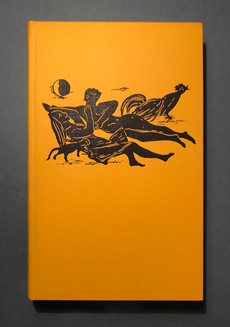 gelber Buchumschlag mit schwarz geprägter Illustration eines Paares
