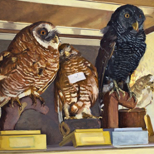 Nikola Irmer: Gemälde mit Tierpräparaten in einem Schaukasten (Ausschnitt)
