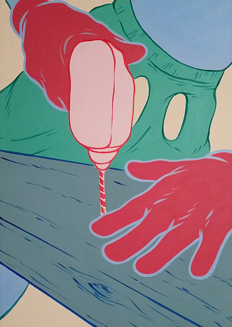 cartoonartige Zeichnung von Hände mit Handschuhen, die eine Bohrmaschine halten