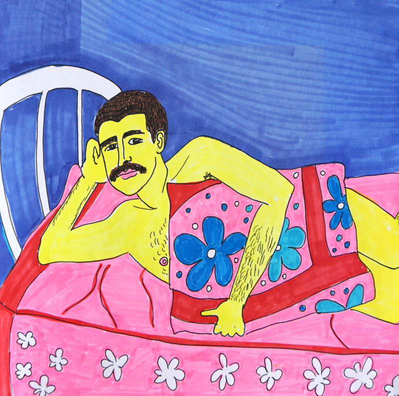bunte Filzstiftzeichnung eines nackten Mannes, auf einem Bett liegend in rosa Bettwäsche