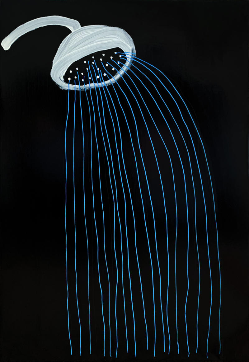 Zeichnung eines Duschkopfes aus dem Wasserstrahlen rinnen auf schwarzem Untergrund