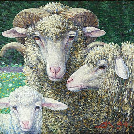 Ausschnitt aus einem Gemälde mit drei Schafsköpfen
