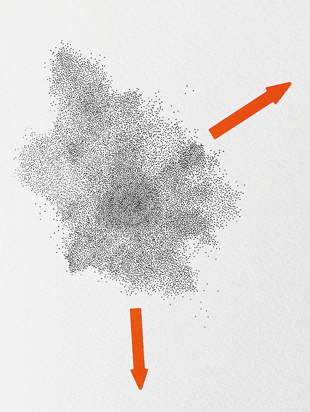 eine Wolke kleiner schwarzer Punkte auf weißem Papier,
            davon ausgehend zwei rote Pfeile, die an den Bildrand
            zeigen