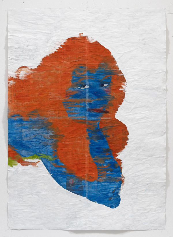 Oberkörper einer liegenden Frau mit blauer Haut und roten Haaren auf dünnem Papier gemalt