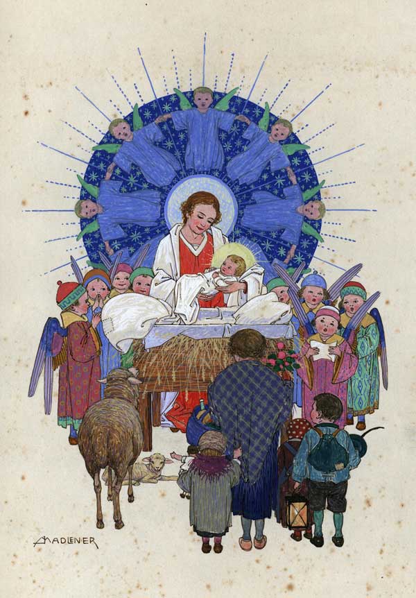 Zeichnung mit Christkind und Engeln an der Krippe