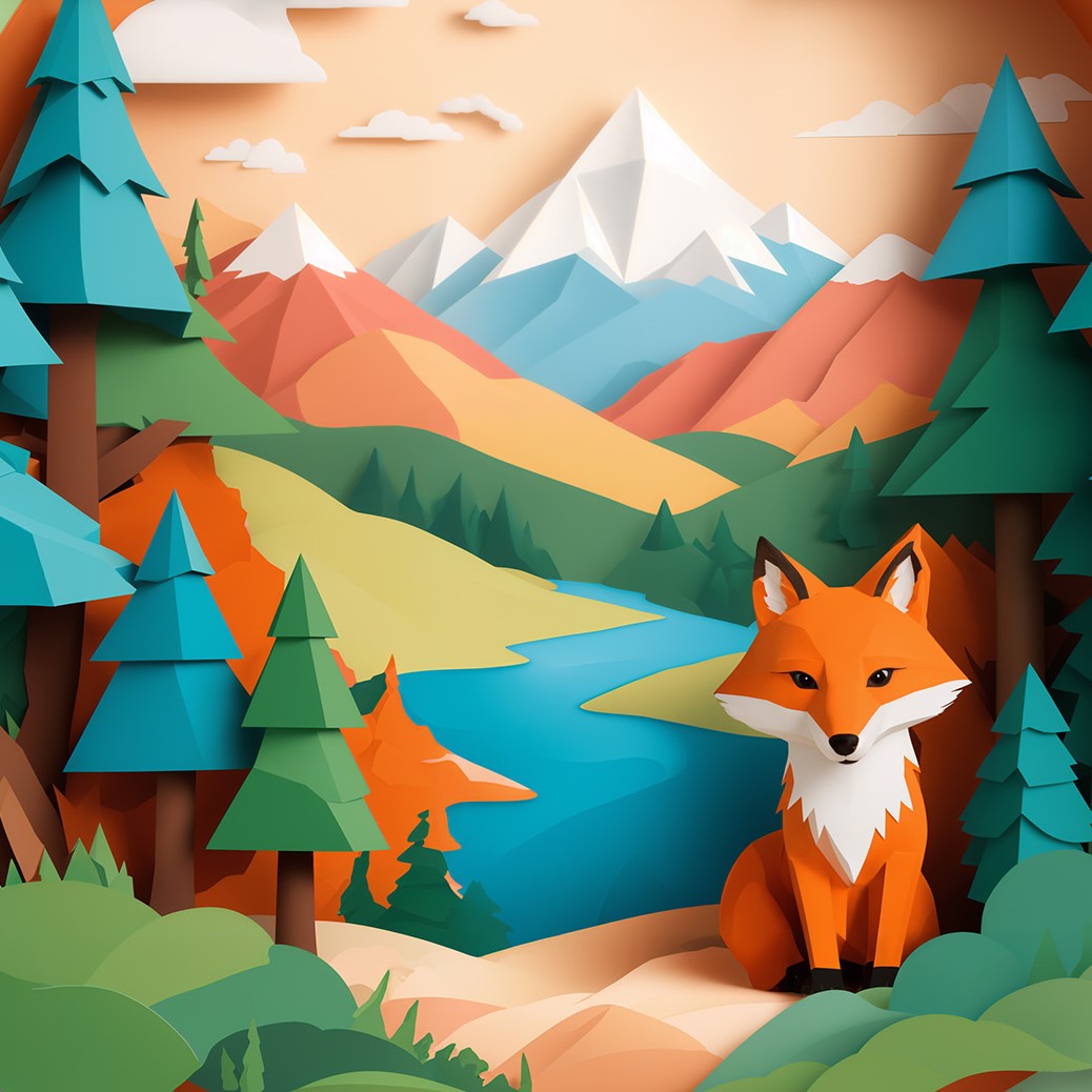 eine Illustration, die wie eine aus Papier gefaltete Landschaft aussieht mit einem Fuchs im Vordergrund