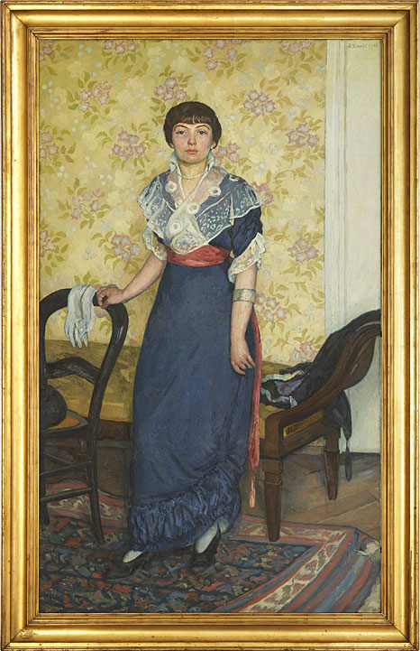 Gemälde einer stehenden Frau im blauen Kleid