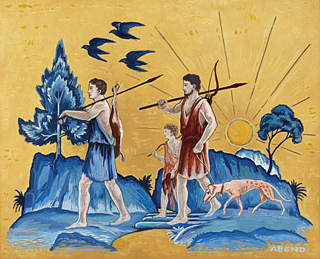 Jäger mit Pfeil und Bogen und Hund vor blauen Bergen auf goldenem Hintergrund